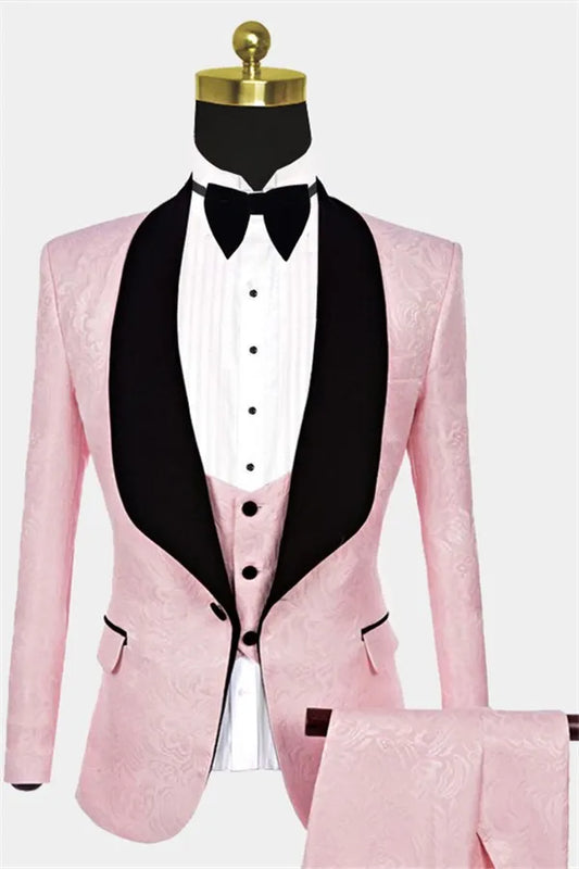 Fancy Light Pink Jacquard Black Shawl Lapel Wedding Suits With Waistcoat