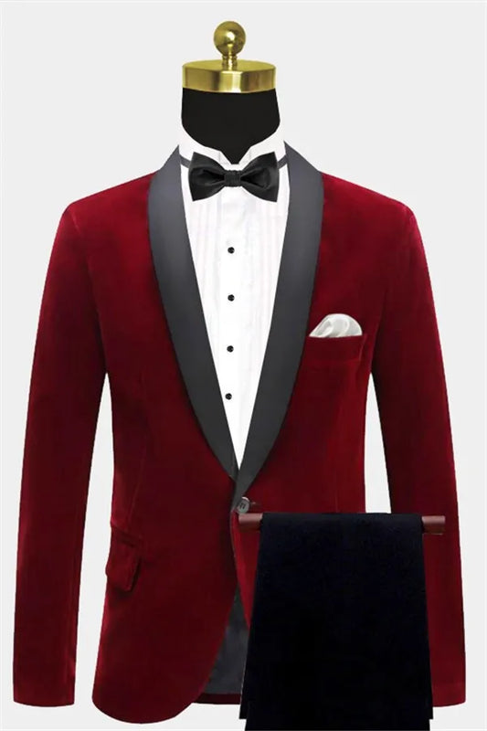Stylish Burgundy Velvet Black Shawl Lapel Wedding Suits