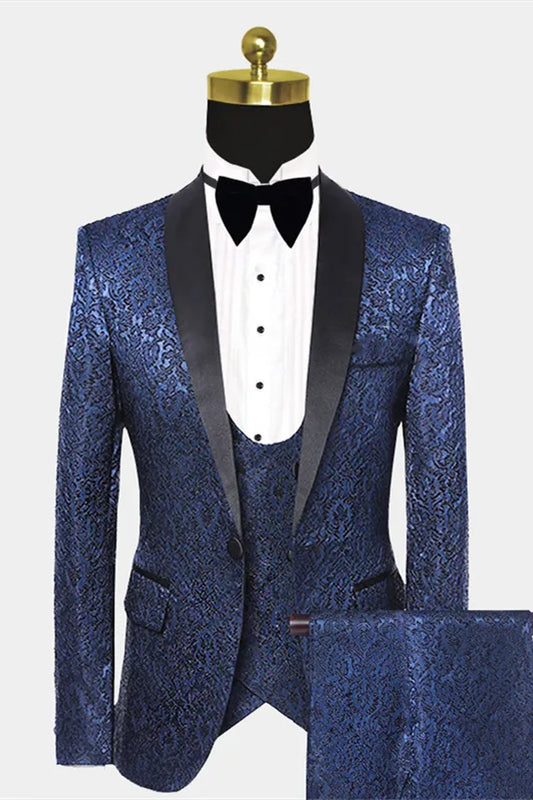 3 Pieces Dark Navy Jacquard Black Shawl Lapel Wedding Suits