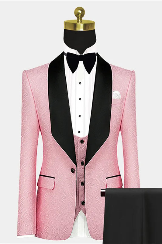 Charming Pink Jacquard Black Shawl Lapel Wedding Suits With Waistcoat