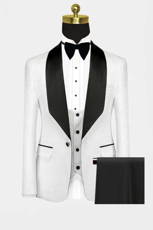 Modern 3 Pieces White Jacquard Black Shawl Lapel Wedding Suits