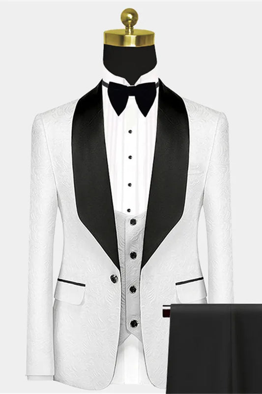 Modern 3 Pieces White Jacquard Black Shawl Lapel Wedding Suits