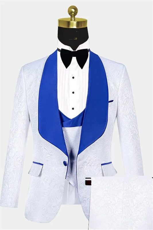 3 Pieces White Jacquard Blue Shawl Lapel Wedding Suits