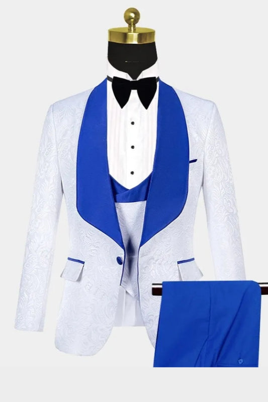 3 Pieces White Jacquard Blue Shawl Lapel Wedding Suits