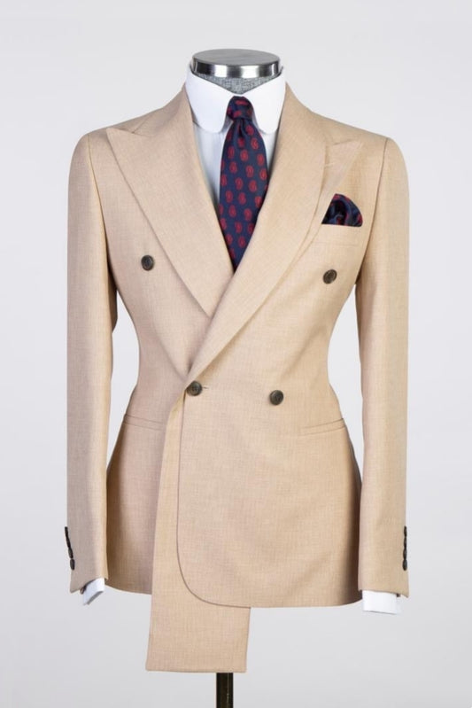 Fashion Light Tan Wool Double Breasted Prom Men Suits