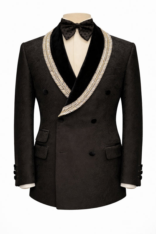 Classy Black Jacquard Rhinestone Trim Shawl Lapel Wedding Suits