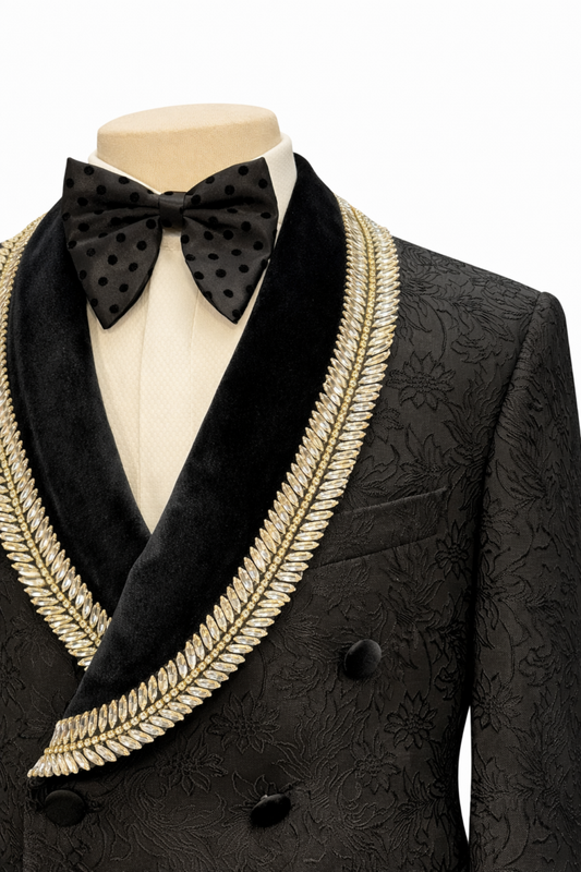Classy Black Jacquard Rhinestone Trim Shawl Lapel Wedding Suits