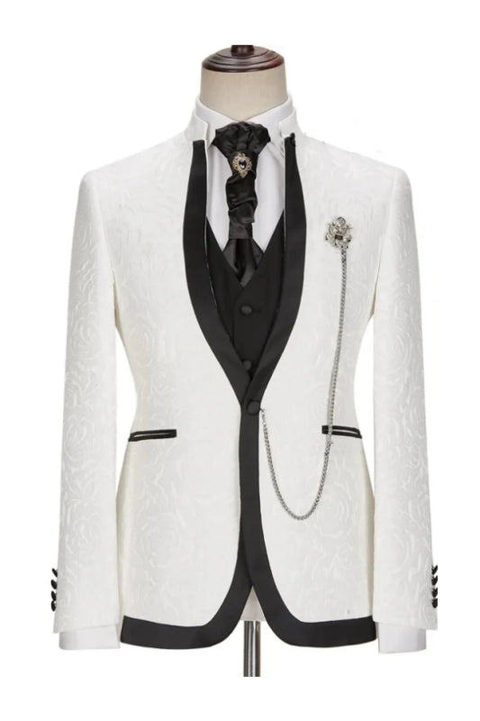Generous White Jacquard 3 Pieces Shawl Lapel Wedding Men Suit