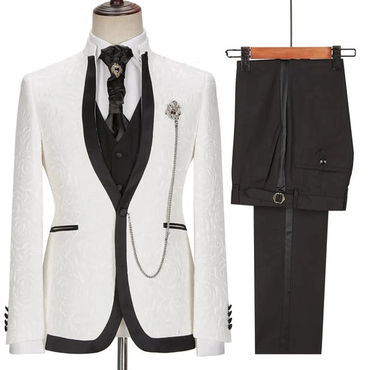 Generous White Jacquard 3 Pieces Shawl Lapel Wedding Men Suit