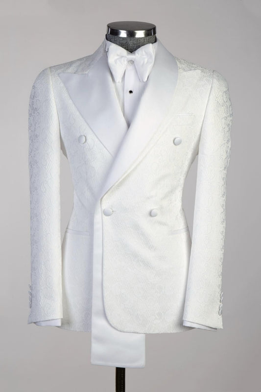 Fancy White Jacquard Double Breasted Best Fitted Men Suits