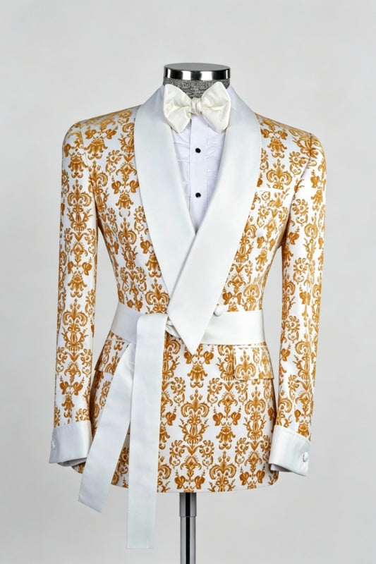 Stylish White Jacquard Double Breasted Prom Men Suits With Belt