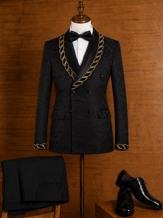 Black Jacquard Shawl Lapel Appliques Prom Men Suits