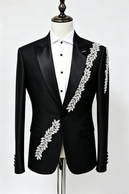 Charming Black Peaked Lapel Crystal Appliques Prom Men Suits