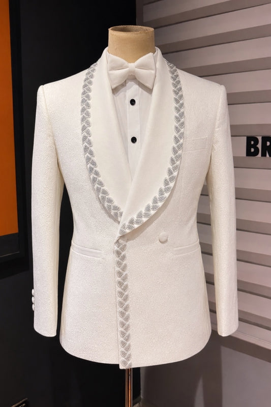 Bespoke White Jacquard Webbing Shawl Lapel Wedding Suits