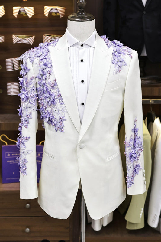Elegant White Peaked Lapel Appliques Prom Men Suits