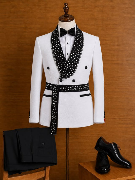 White Decent Beadings Shawl Lapel Double Breasted Wedding Suits