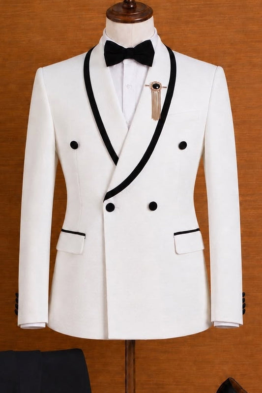 White Wool Shawl Lapel Double Breasted Wedding Suits