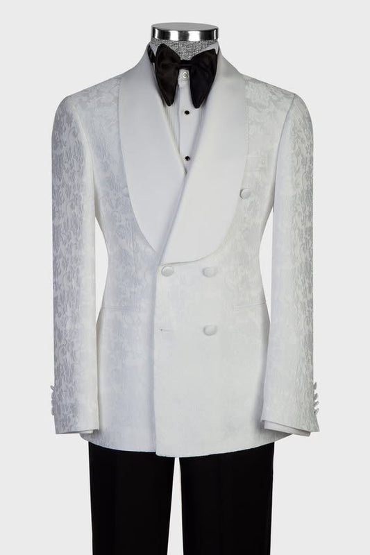 White Jacquard Shawl Lapel Double Breasted Wedding Suits With Black Pants