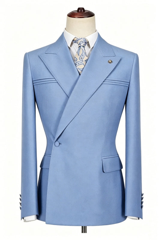 Haze Blue Peaked Lapel One Button Wool Prom Suits