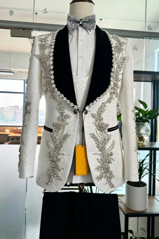 White Jacquard Rhinestone Embellished Black Velvet Shawl Lapel Prom Suits