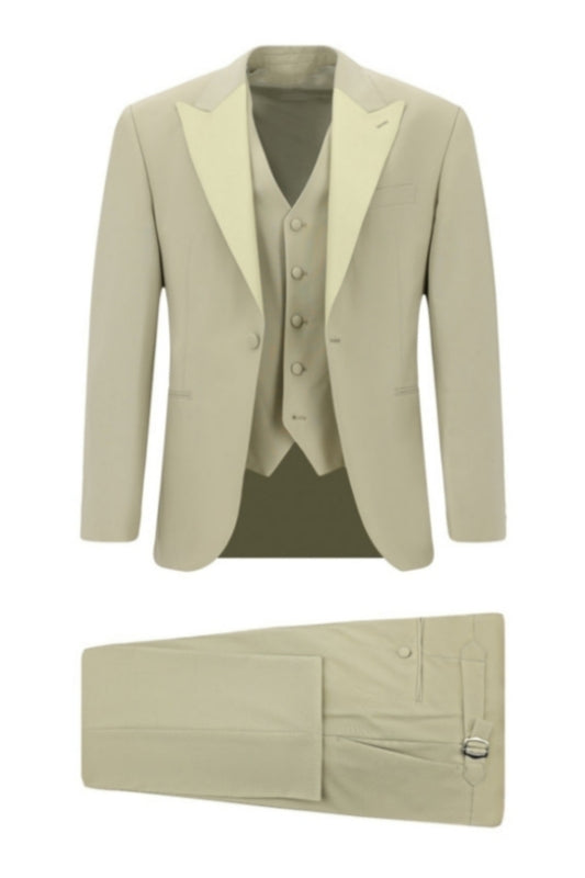 Trendy Beige Peaked Lapel Wool Business Suits With Waistcoat