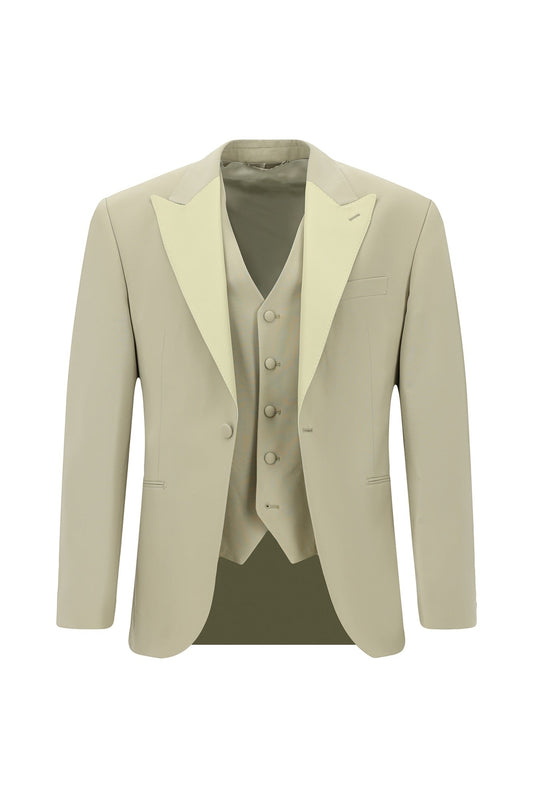 Trendy Beige Peaked Lapel Wool Business Suits With Waistcoat