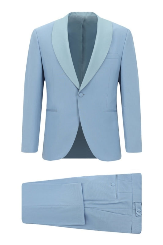 Charming Blue Newest Shawl Lapel Wool Wedding Suits