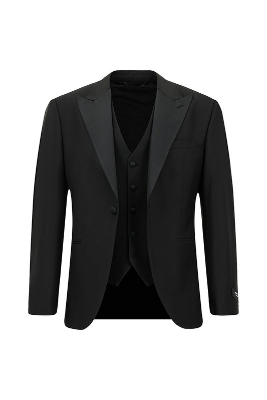 Modern Black Peaked Lapel Wool Business Suits With Waistcoat