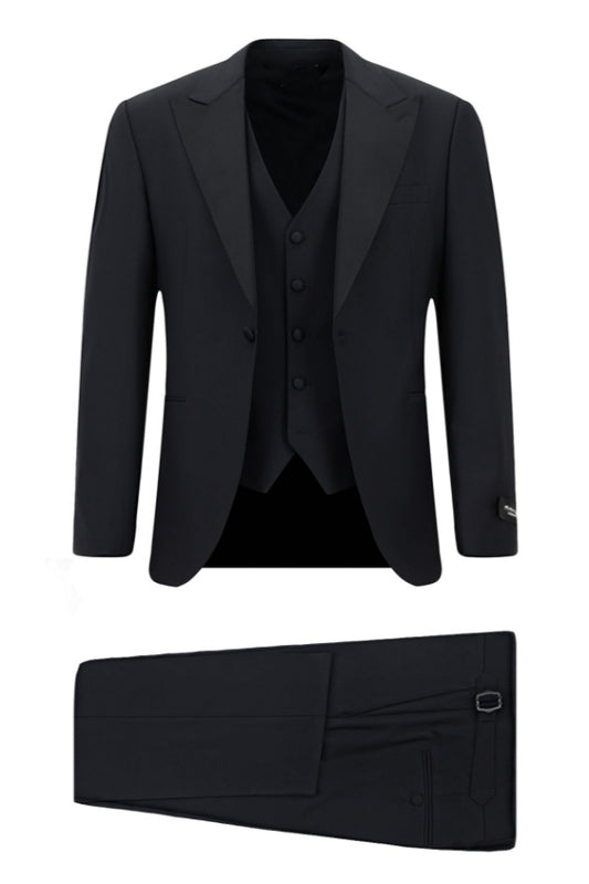 Chic 3 Pieces Dark Blue Peaked Lapel Wool Business Men Suits