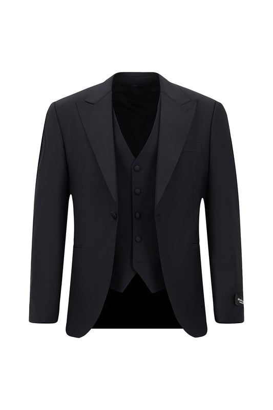 Chic 3 Pieces Dark Blue Peaked Lapel Wool Business Men Suits
