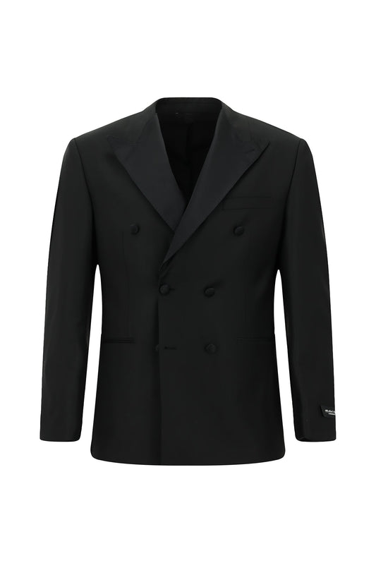 Trendy Black Double Breasted Peaked Lapel Wool Business Suits