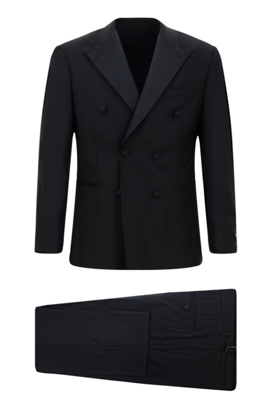 Fancy Dark Blue Double Breasted Peaked Lapel Wool Business Suits