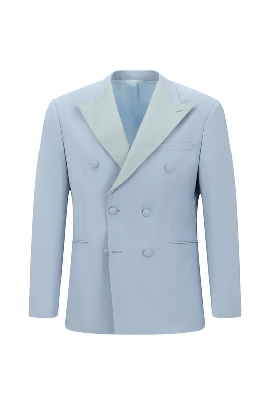 Slim Fit Light Blue Double Breasted Peaked Lapel Wool Business Suits