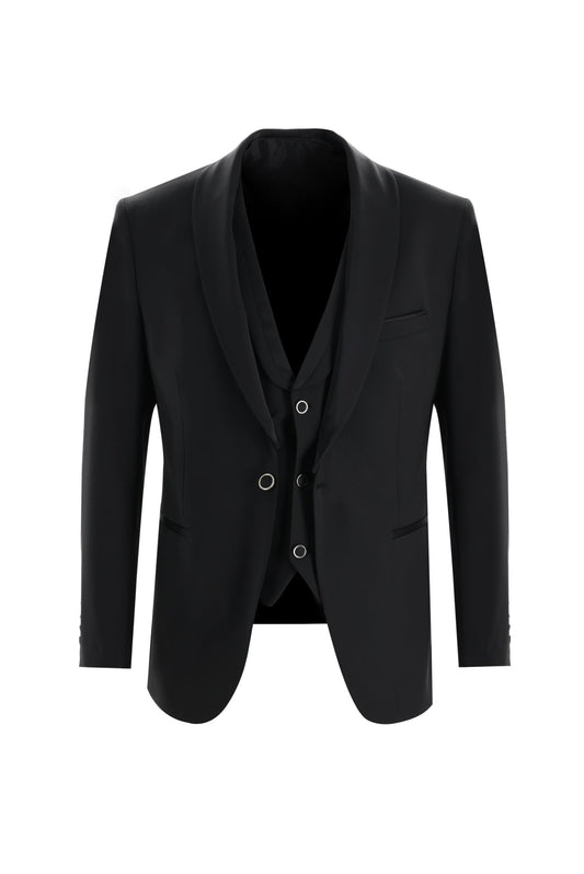 Stylish Black Newest Shawl Lapel 3 Pieces Wool Wedding Suits