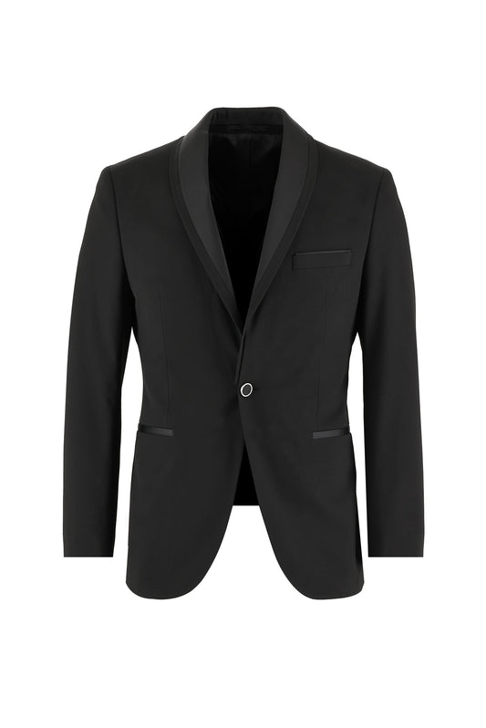 Close Fitting Black Wool Wedding Suits With Dark Gray Shawl Lapel