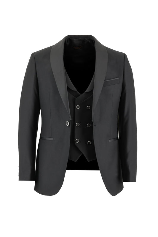 New Arrival Slim Fit Black Shawl Lapel Wool Wedding Suits With Waistcoat