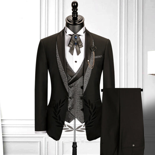 Stylish 3 Pieces Black Shawl Lapel Wool Wedding Suits