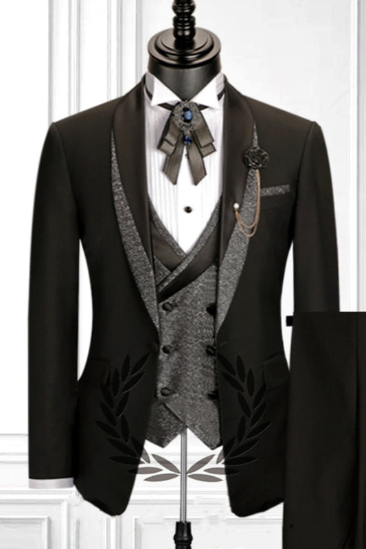 Stylish 3 Pieces Black Shawl Lapel Wool Wedding Suits