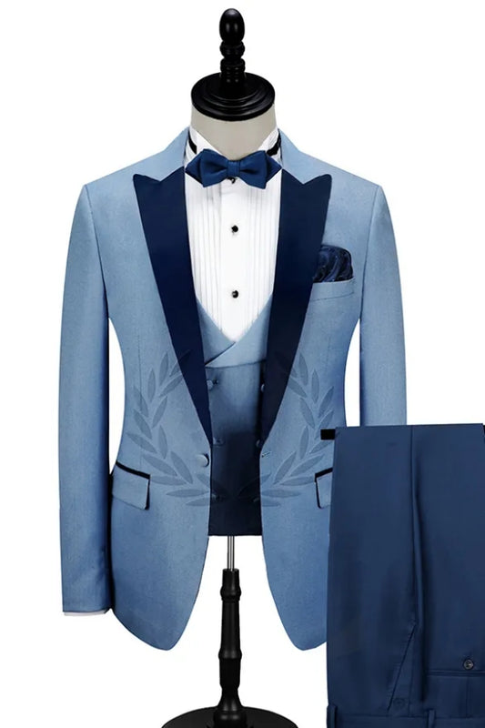 Handsome Blue Peaked Lapel Wool Prom Men Suits With Waistcoat