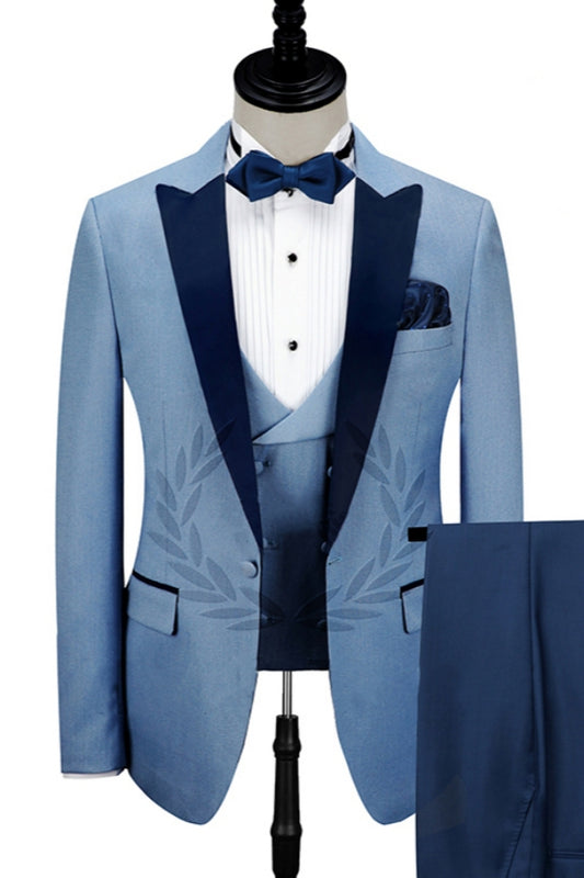 Handsome Blue Peaked Lapel Wool Prom Men Suits With Waistcoat