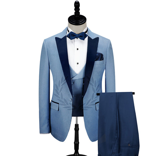 Handsome Blue Peaked Lapel Wool Prom Men Suits With Waistcoat