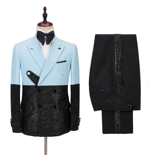 Chic Sky Blue Peaked Lapel Sparkle Black Prom Men Suits