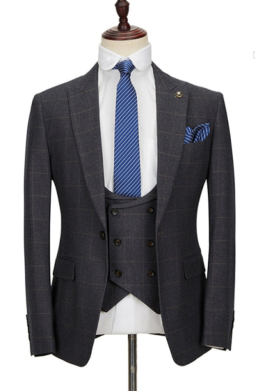 Dark Gray 3 Pieces Plaid Peaked Lapel Business Men Suits