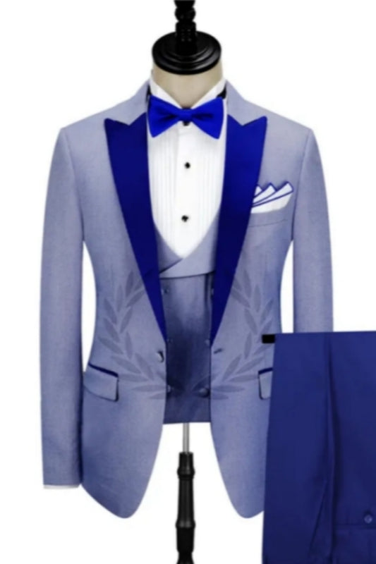 Chic Blue 3 Pieces Peaked Lapel Wool Prom Men Suits