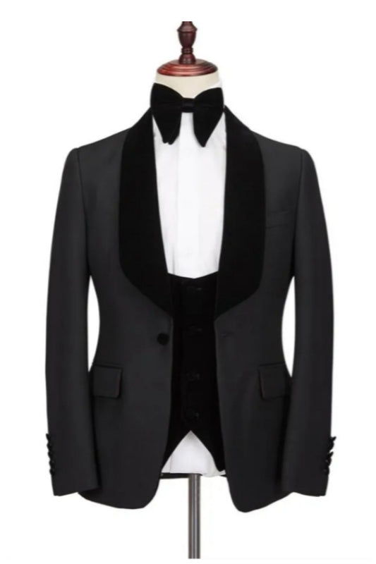 Stylish Black 3 Pieces Velvet Shawl Lapel Wool Wedding Suits
