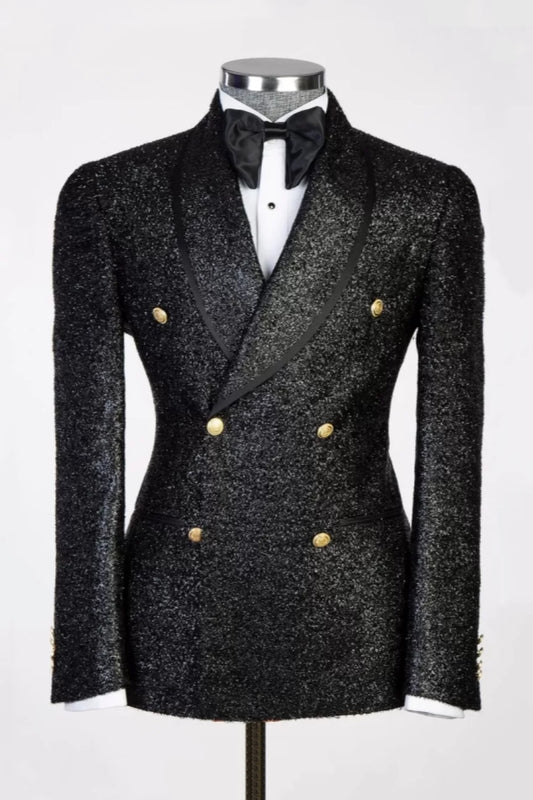 Bespoke Sparkle Black Double Breasted Shawl Lapel Wedding Suits
