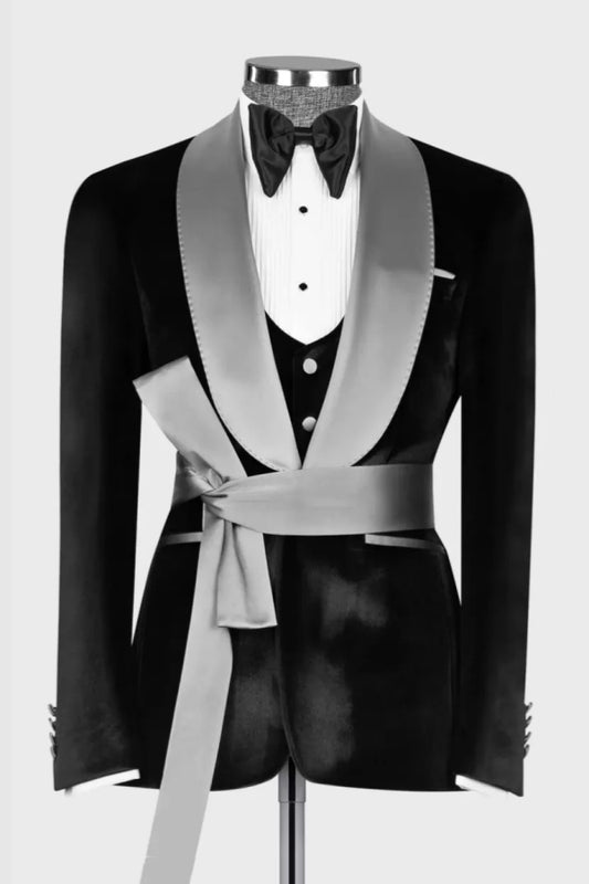 Black Velvet Double Breasted Silver Satin Shawl Lapel Wedding Suits With Belt