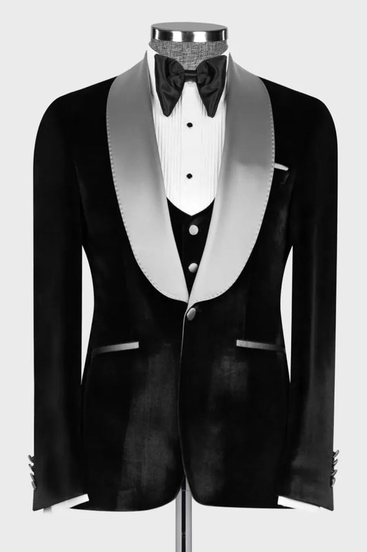 Black Velvet Double Breasted Silver Satin Shawl Lapel Wedding Suits With Belt