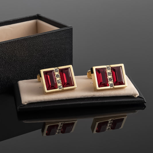 Gold Square Cufflinks with Red Gemstones
