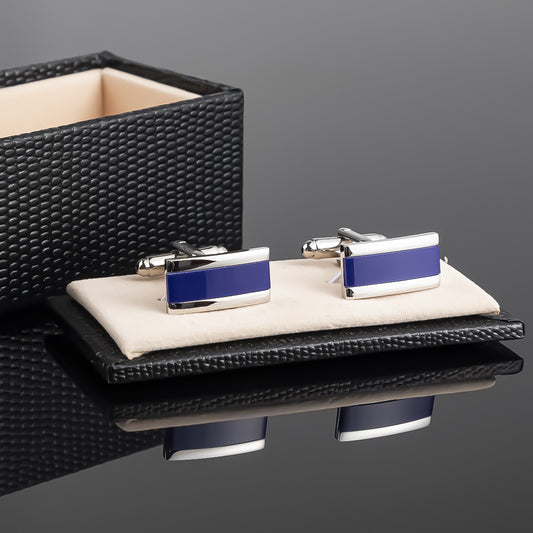 Simple Silver Rectangle Cufflinks With Dark Blue Enamel